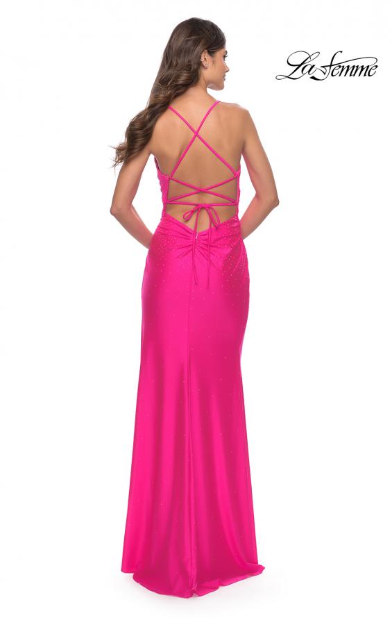 Picture of: Neon Pink Jersey Gown with Wrap Style Front and Rhinestones in Neon Pink, Style: 30683, Back Picture