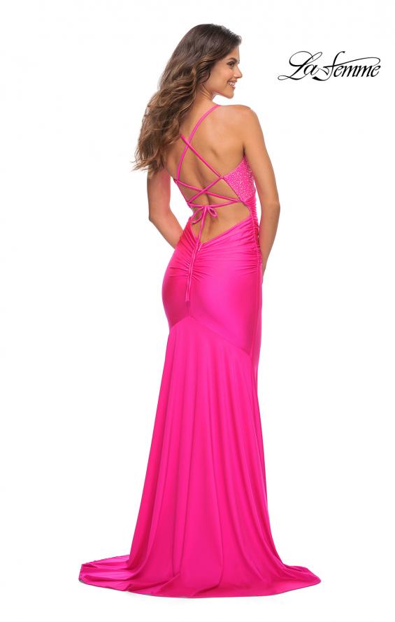 Picture of: Fitted Jersey Gown with Rhinestone Top in Neon Pink in Neon Pink, Back Picture