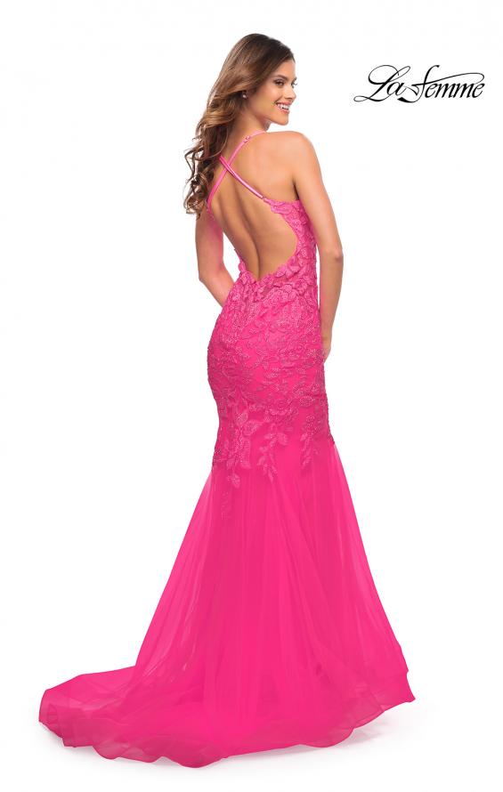 Picture of: Mermaid Tulle and Lace Jeweled Prom Dress in Neon Pink in Neon Pink, Style: 30692, Back Picture