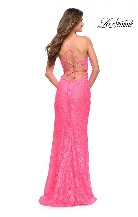 Picture of: Illusion Lace Gown with Deep V Neckline in Neon Pink, Style: 30694, Back Picture