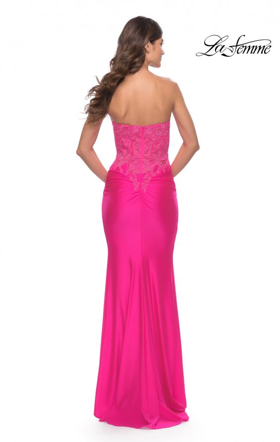 Picture of: Stunning Strapless Jeweled Lace and Jersey Dress in Neon Pink, Style: 30696, Back Picture