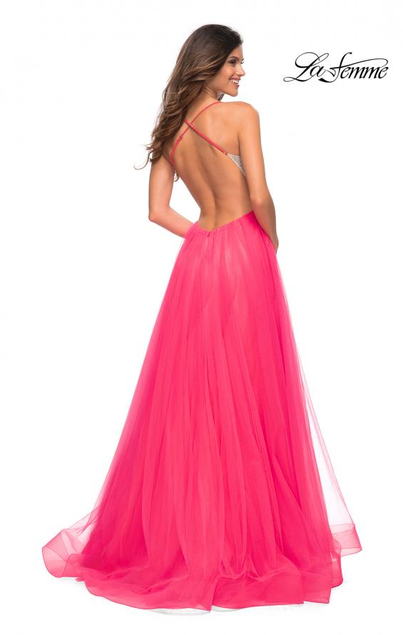 Picture of: Neon Tulle Ballgown with Jeweled Top and Pockets in Neon Pink, Back Picture