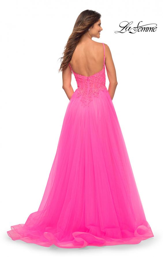 Picture of: Neon Pink Tulle and Lace Ballgown with Illusion Bodice in Neon Pink, Back Picture