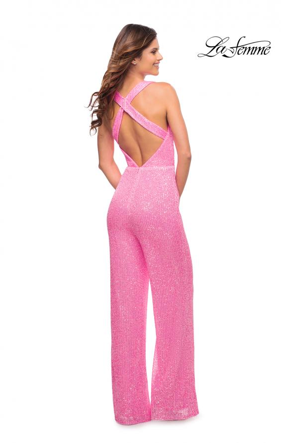 Picture of: Neon Pink Sequin Jumpsuit with Criss Cross Back in Neon Pink, Style: 30811, Back Picture