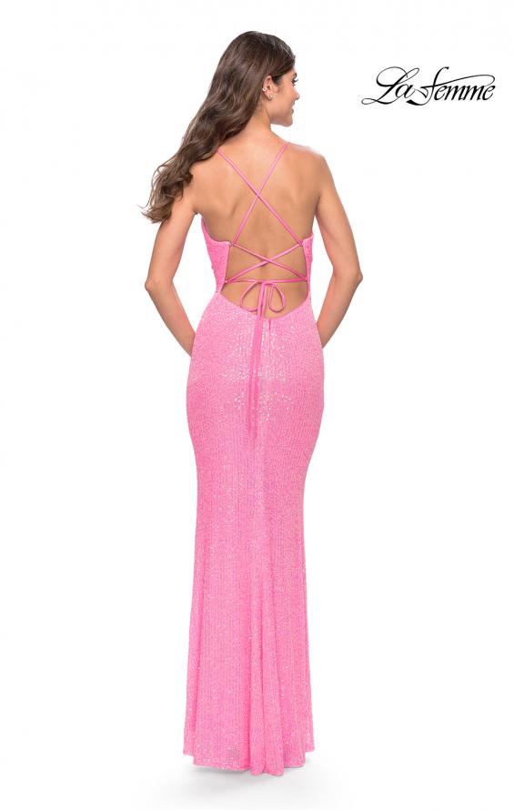 Picture of: Sequin Stretch Long Prom Dress with Banded Waist in Neon in Neon Pink, Style: 31137, Back Picture