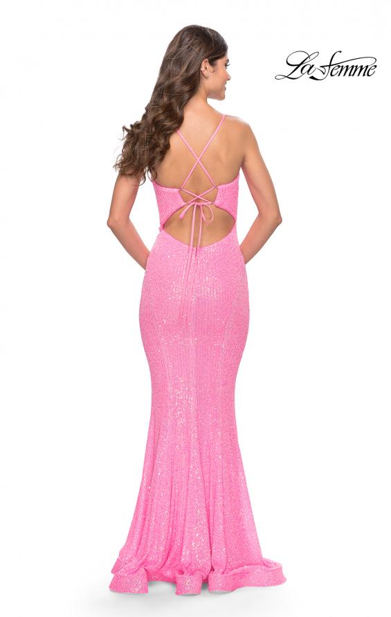 Picture of: Fitted Stretch Sequin Dress with Open Back and Defined Cups in Neon in Neon Pink, Style: 31199, Back Picture