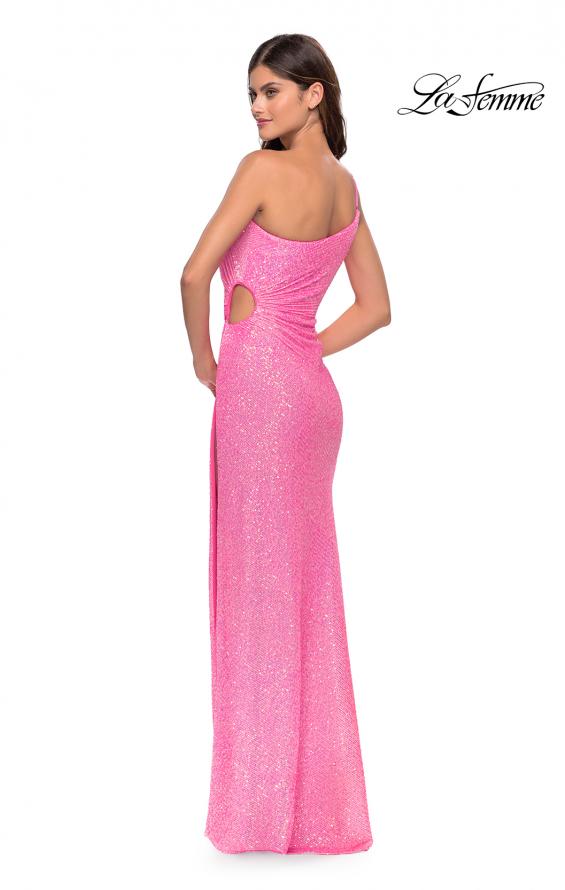Picture of: One Shoulder Sequin Dress with Circle Cut Out in Neon in Neon Pink, Style: 31213, Back Picture