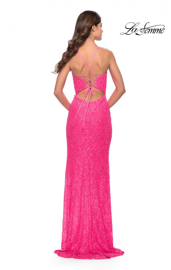 Picture of: Beaded Lace Gown with High Slit and V Neck in Neon Pink, Style: 31388, Back Picture