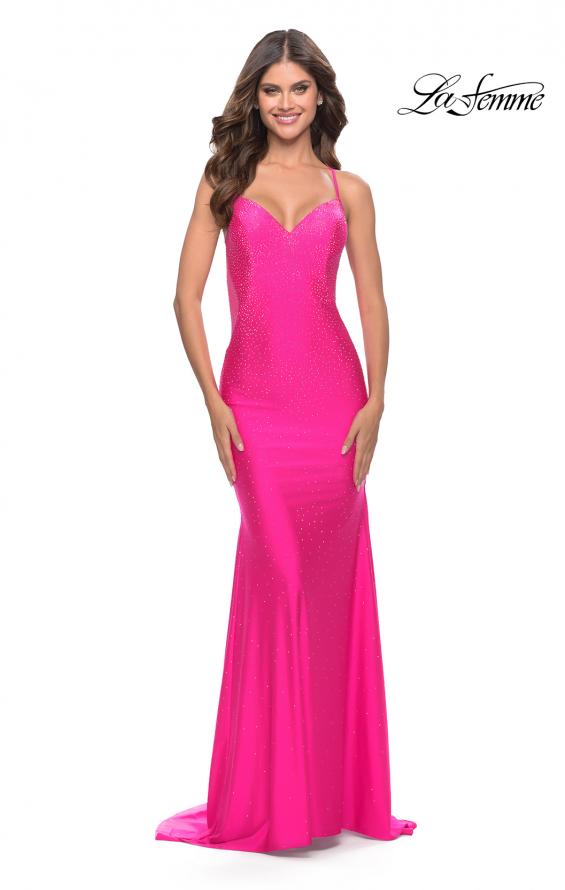 Picture of: Dramatic Rhinestone Dress with Sheer Details and Train in Bright Colors in Neon Pink, Style: 31403, Back Picture