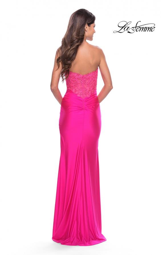 Picture of: Long Dress with Jersey Skirt and Lace Illusion Bodice in Neon in Neon Pink, Style: 31411, Back Picture
