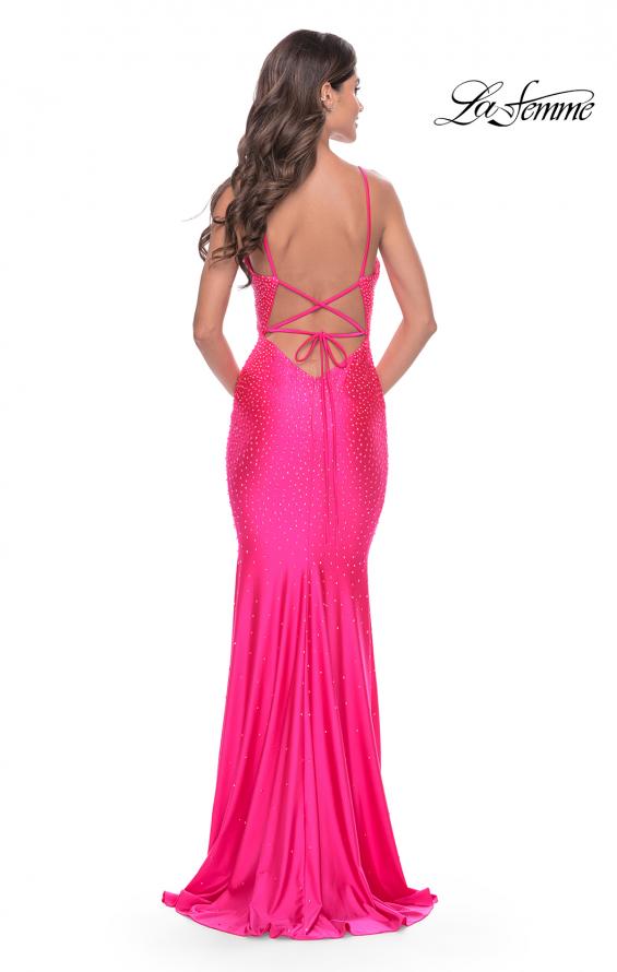 Picture of: Bedazzled Rhinestone Jersey Gown with Deep V Neckline in Neon in Neon Pink, Style: 31413, Back Picture