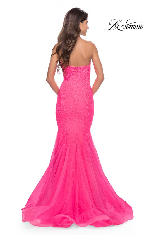 Picture of: Rhinestone Fully Embellished Prom Dress with Sheer Bodice in Neon in Neon Pink, Style: 31421, Back Picture