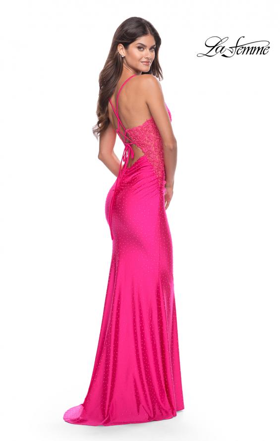 Picture of: Rhinestone Prom Dress with Lace Applique Side Panels in Neon in Neon Pink, Style: 31436, Back Picture