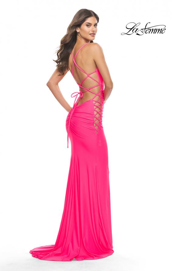 Picture of: Unique Jersey Dress with Open Criss Cross Sides in Neon in Neon Pink, Style: 31438, Back Picture