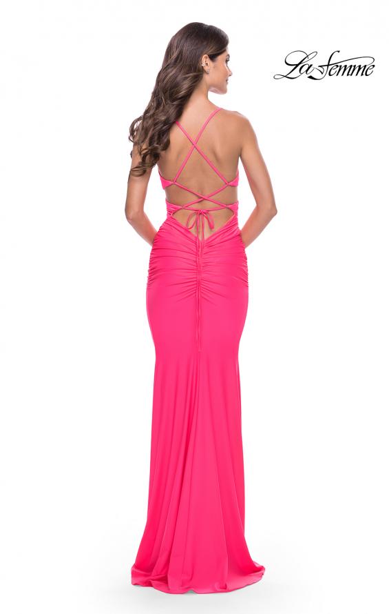 Picture of: Cut Out Long Soft Jersey Dress with Criss Cross Bodice in Neon in Neon Pink, Style: 31442, Back Picture