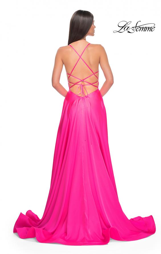 Picture of: Satin Gown with Sheer Rhinestone Bodice in Neon in Neon Pink, Style: 31448, Back Picture