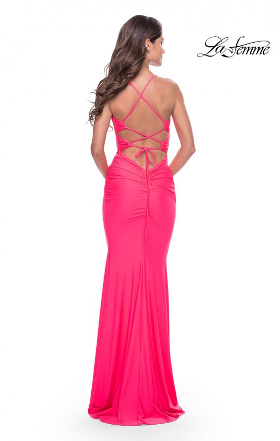 Picture of: Long Prom Dress with Front Cut Out and Twist Detail in Neon Pink, Style: 31539, Back Picture