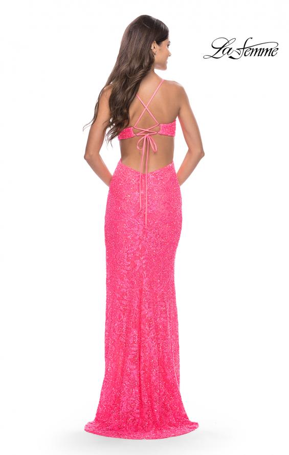 Picture of: Beaded Lace Prom Dress with Side Cutouts and Slit in Neon Pink, Style: 31568, Back Picture