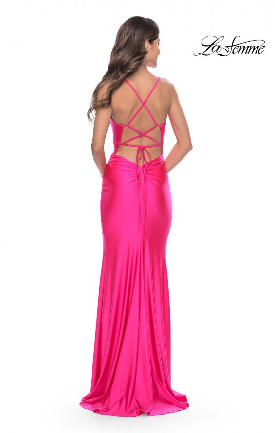 Picture of: Knot Detail Jersey Dress with Cut Out in Neon Pink, Style: 31575, Back Picture