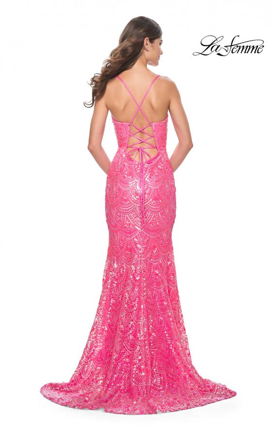 Picture of: Print Sequin Mermaid Dress with Lace Up Back in Neon Pink, Style: 31865, Back Picture