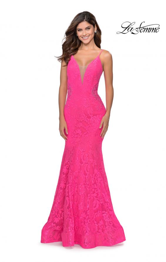 Picture of: Long Mermaid Lace Dress with Back Rhinestone Detail in Neon Pink, Style: 28355, Detail Picture 1