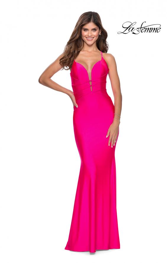 Picture of: Triple Knotted Jersey Prom Dress with Tie Up Back in Neon Pink, Style: 28905, Detail Picture 1