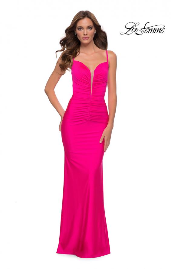Picture of: Neon Pink Fitted Gown with Deep V anc Ruching in Neon Pink, Style 29966, Detail Picture 1