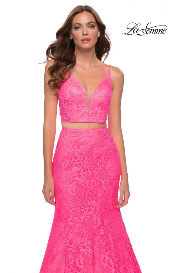 Picture of: Two Piece Gown with Mermaid Skirt and Sheer Sides in Neon Pink, Style 29967, Detail Picture 1