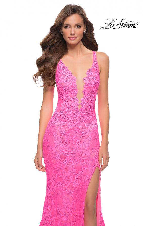 Picture of: Stretch Lace Gown with Slit and Open Keyhole Back in Neon Pink, Style 29978, Detail Picture 1