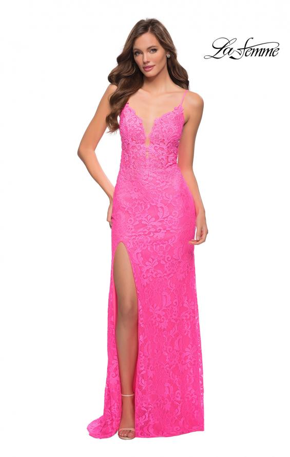 Picture of: Stretch Lace Prom Dress in Neon Pink in Neon Pink, Style 29987, Detail Picture 1