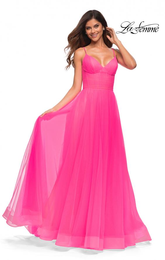 Picture of: Neon Pink Tulle A-line Prom Dress with Corset Sheer Bodice in Neon Pink, Detail Picture 1