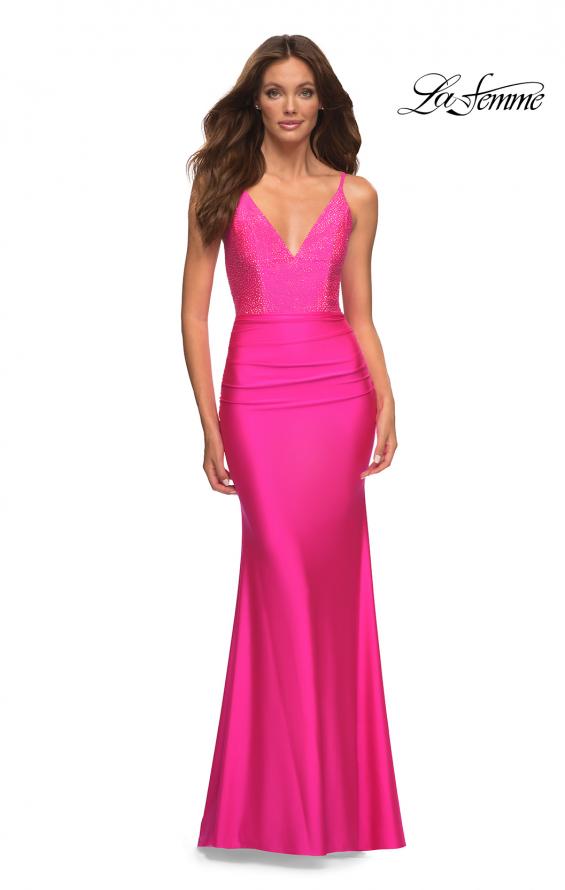 Picture of: Neon Jersey Dress with Rhinestone Beaded Top and V Neck in Pink, Style: 30601, Detail Picture 1