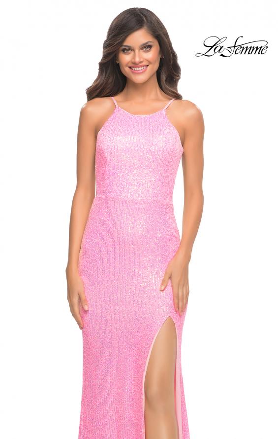 Picture of: Neon Pink High Neck Sequin Gown with Open Back in Pink, Style: 30638, Detail Picture 1