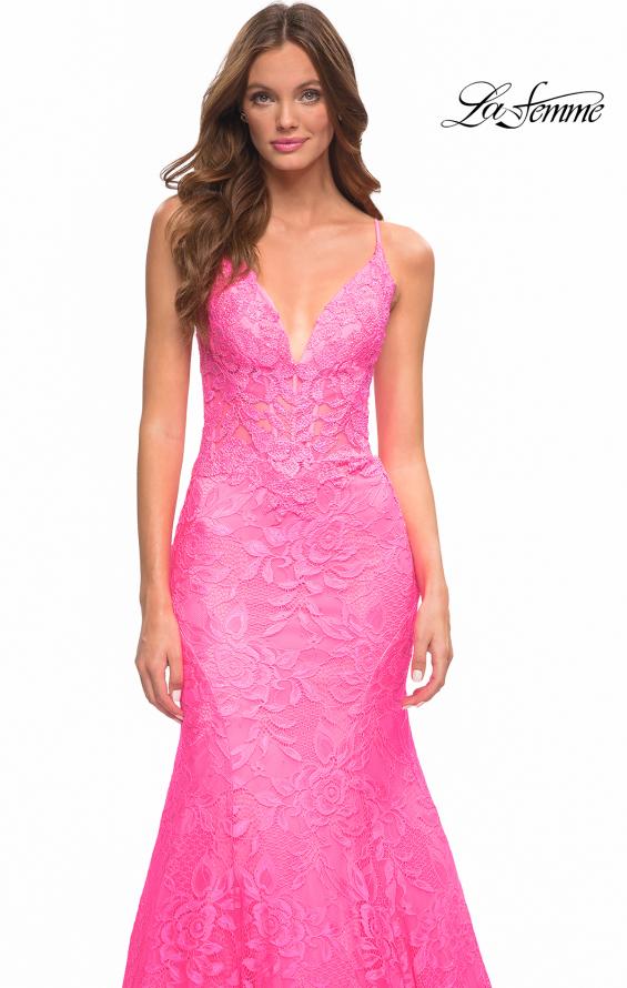 Picture of: Neon Pink Mermaid Lace Prom Dress with Sheer Jeweled Bodice in Pink, Style: 30663, Detail Picture 1