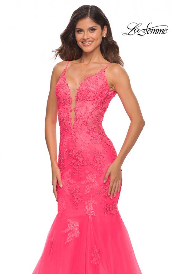 Picture of: Tulle and Lace Mermaid Gown in Neon Pink in Neon Pink, Detail Picture 1
