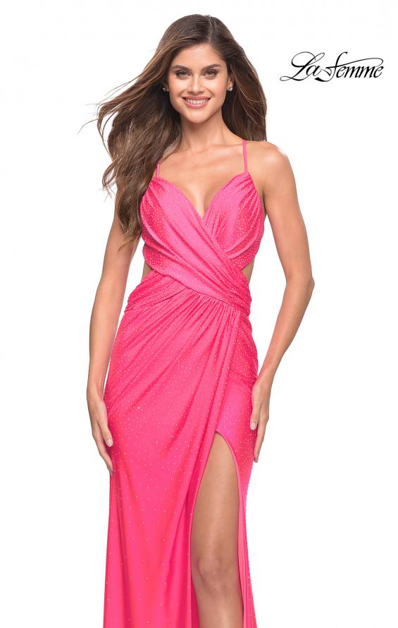 Picture of: Neon Pink Ruched Long Gown with Criss-Cross Style Bodice, Style: 30689, Detail Picture 1