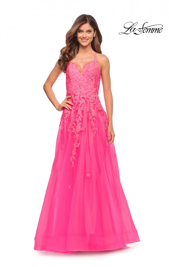 Picture of: Gorgeous Lace and Tulle Ball Gown with High Slit in Neon Pink in Neon Pink, Style: 30693, Detail Picture 1