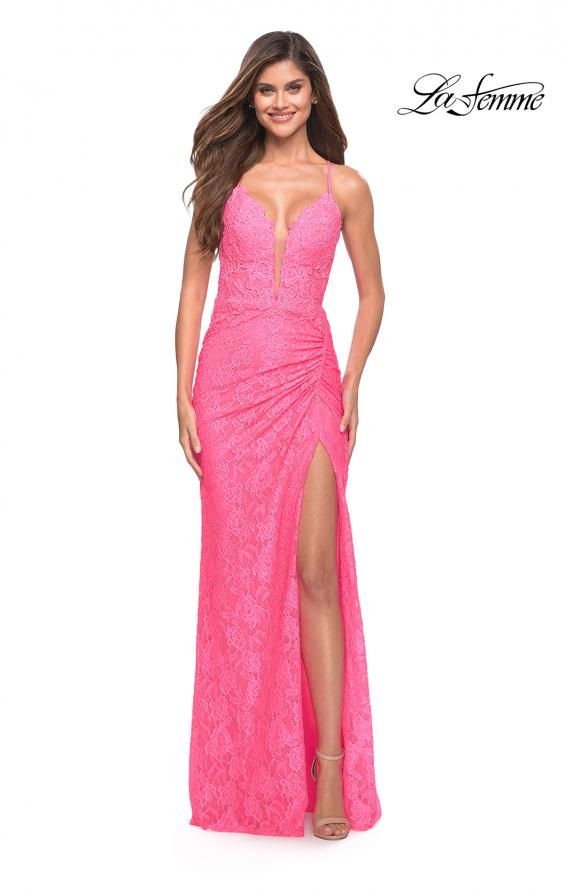 Picture of: Illusion Lace Gown with Deep V Neckline in Neon Pink, Style: 30694, Detail Picture 1