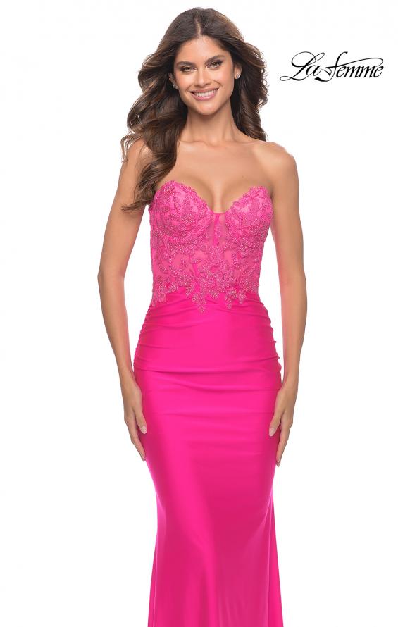 Picture of: Stunning Strapless Jeweled Lace and Jersey Dress in Neon Pink, Style: 30696, Detail Picture 1