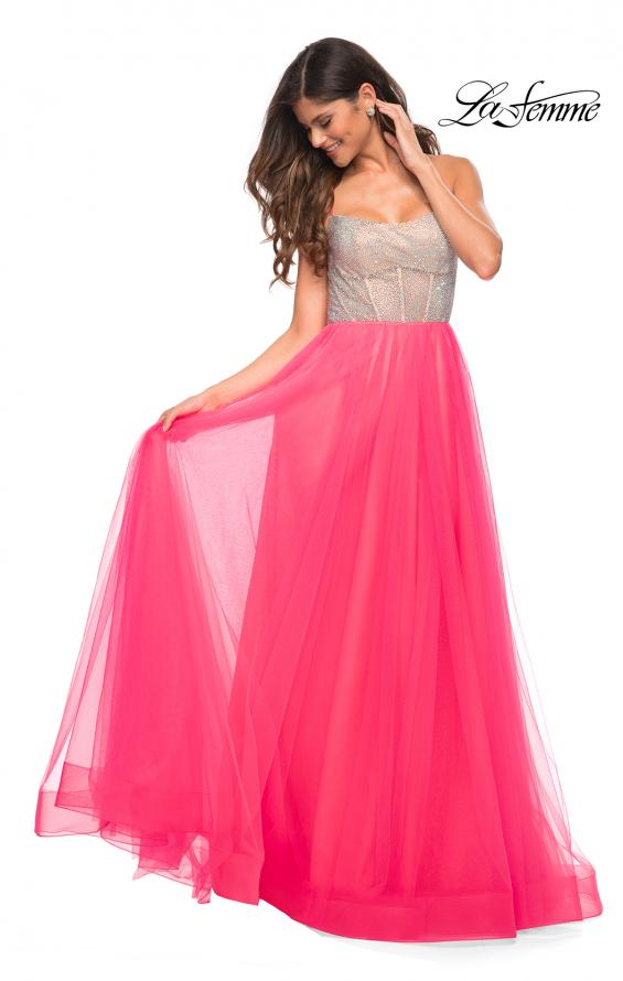 Picture of: Neon Tulle Ballgown with Jeweled Top and Pockets in Neon Pink, Detail Picture 1