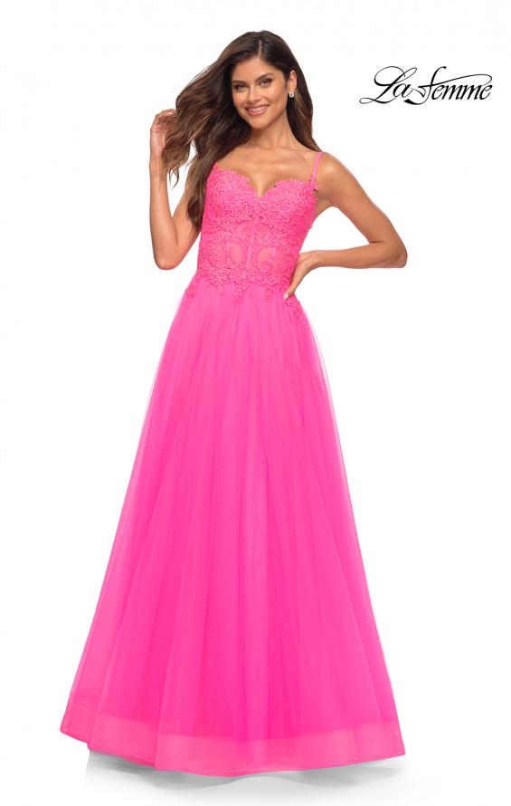 Picture of: Neon Pink Tulle and Lace Ballgown with Illusion Bodice in Neon Pink, Detail Picture 1