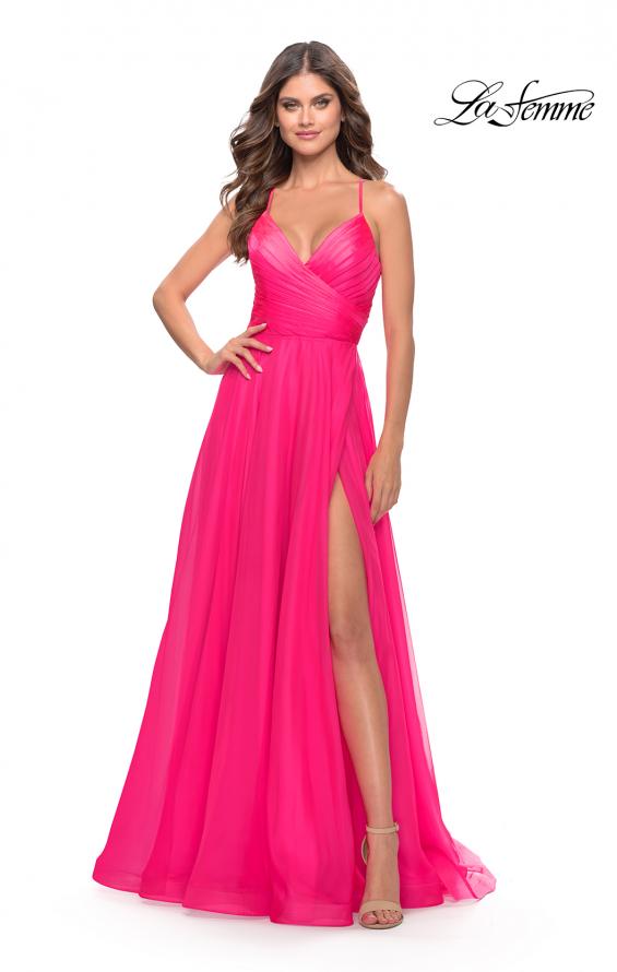 Picture of: Chiffon Prom Dress with Ruched Bodice and Slit in Neon Pink, Style: 30840, Detail Picture 1
