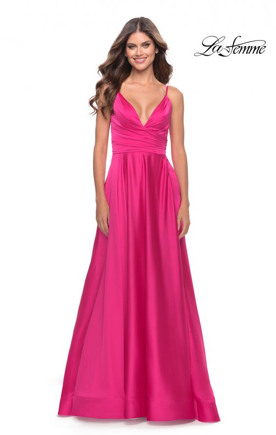 Picture of: A-Line Satin Gown with Ruched Bodice and V Neck in Neon in Neon Pink, Style: 31121, Detail Picture 1