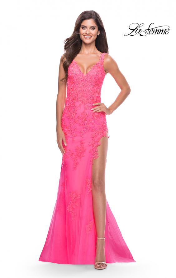 Picture of: Lace Long Dress with High Side Slit and V Neckline in Neon Pink, Style: 31125, Detail Picture 1