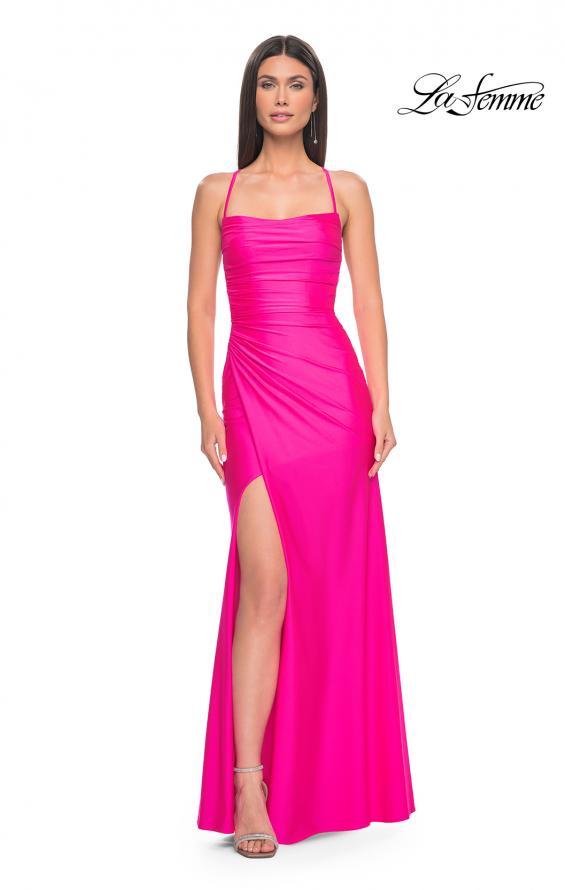 Picture of: Jersey Dress with Square Neckline and Ruching in Neon Pink, Style: 31129, Detail Picture 1