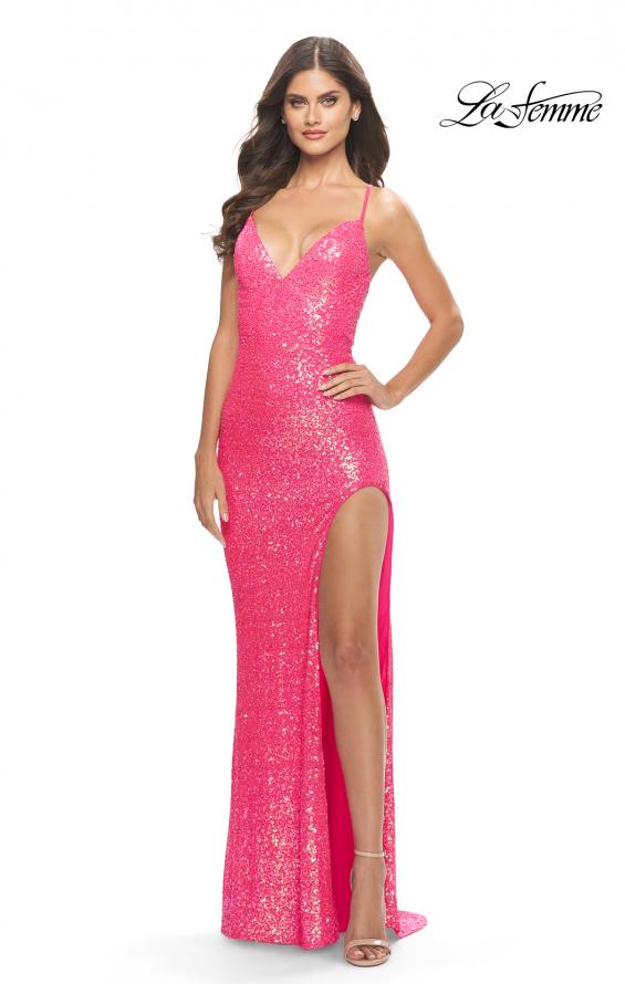 Picture of: Stretch Sequin Dress with High Side Slit and V Neck in Neon Pink, Style: 31298, Detail Picture 1