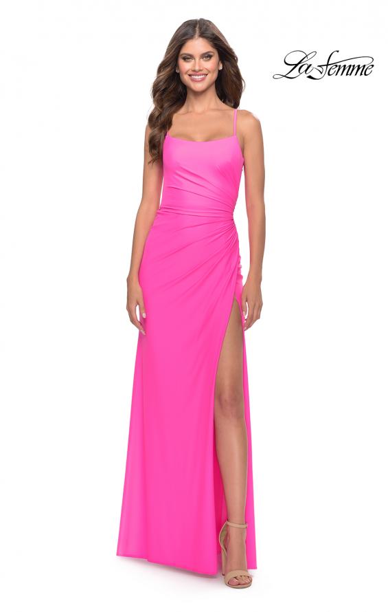 Picture of: Elegant Jersey Dress with Ruching and Square Neckline in Neon in Neon Pink, Style: 31329, Detail Picture 1