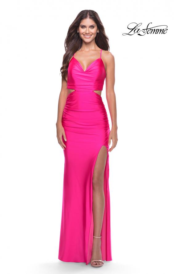 Picture of: Neon Prom Dress with Side Cutouts and Open Tie Back in Neon Pink, Style: 31400, Detail Picture 1