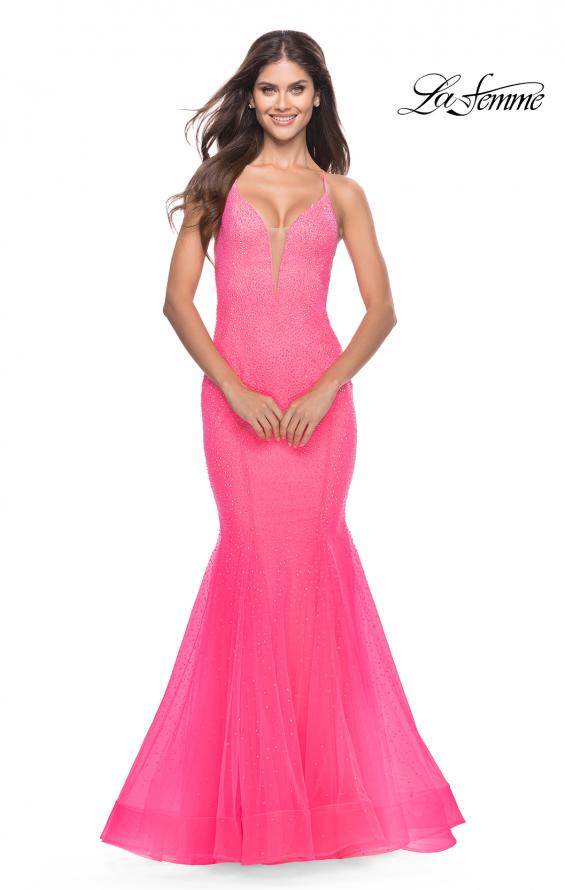 Picture of: Mermaid Rhinestone Tulle Gown with Open Back in Neon in Neon Pink, Style: 31407, Detail Picture 1