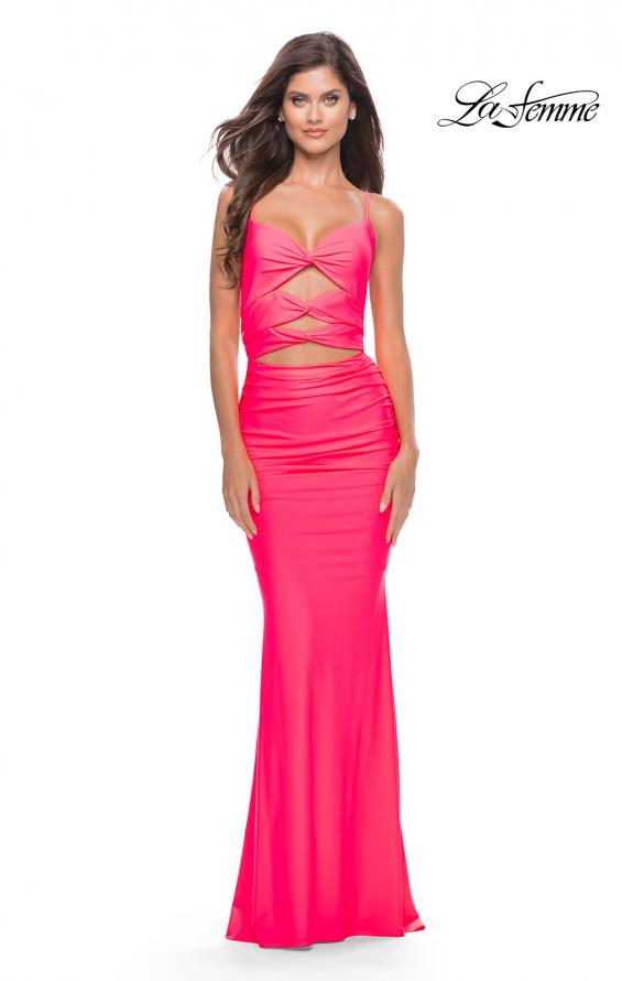 Picture of: Twist Front Cut Out Jersey Prom Dress in Bright Colors in Neon Pink, Style: 31435, Detail Picture 1